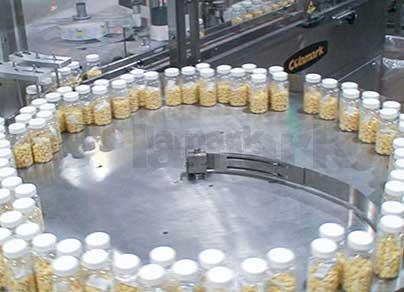 高速理瓶→ 視覺數(shù)粒瓶裝→干燥劑投放→高速旋蓋→鋁箔封口→自動(dòng)貼標(biāo)生產(chǎn)線